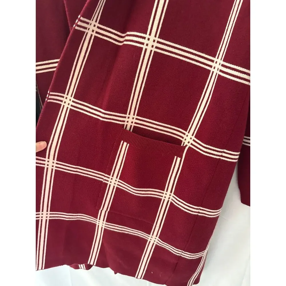 Modcloth Burgundy Cream Plaid Heavy Open Front Cardigan Sweater Large - Picture 4 of 6